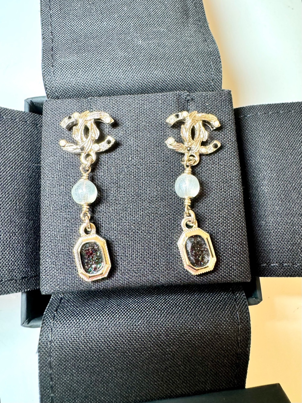 Chanel CC Logo Pearl, Crystal, and Gem Drop Earrings W Box - Picture 2 of 11